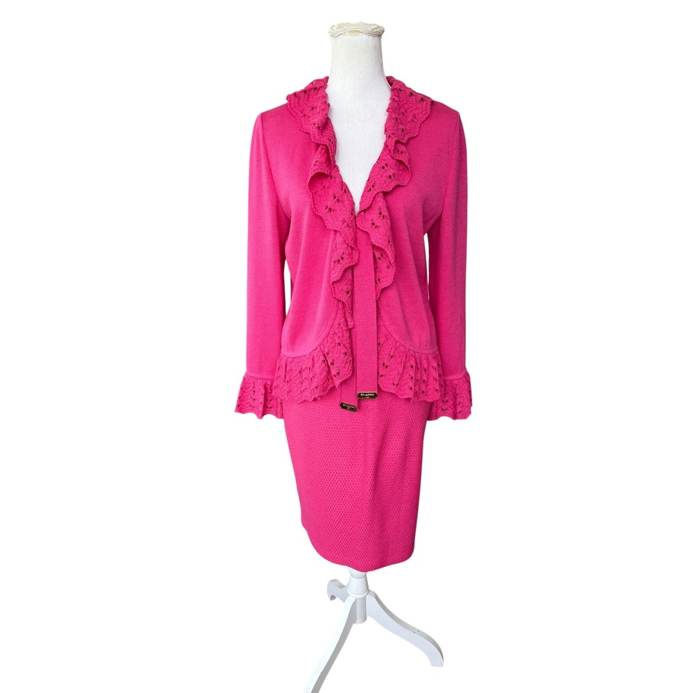 St John Collection Pink Knit Skirt Suit Ruffle Cardigan Set Size 6 4
